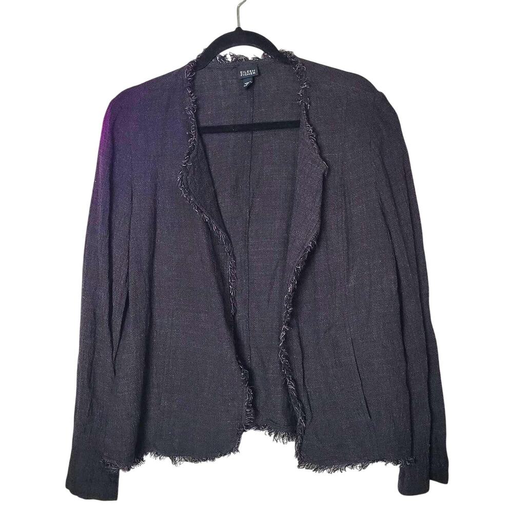 Eileen Fisher Black Open Front Fringe Hem Linen Cardigan Sweater Womans Medium